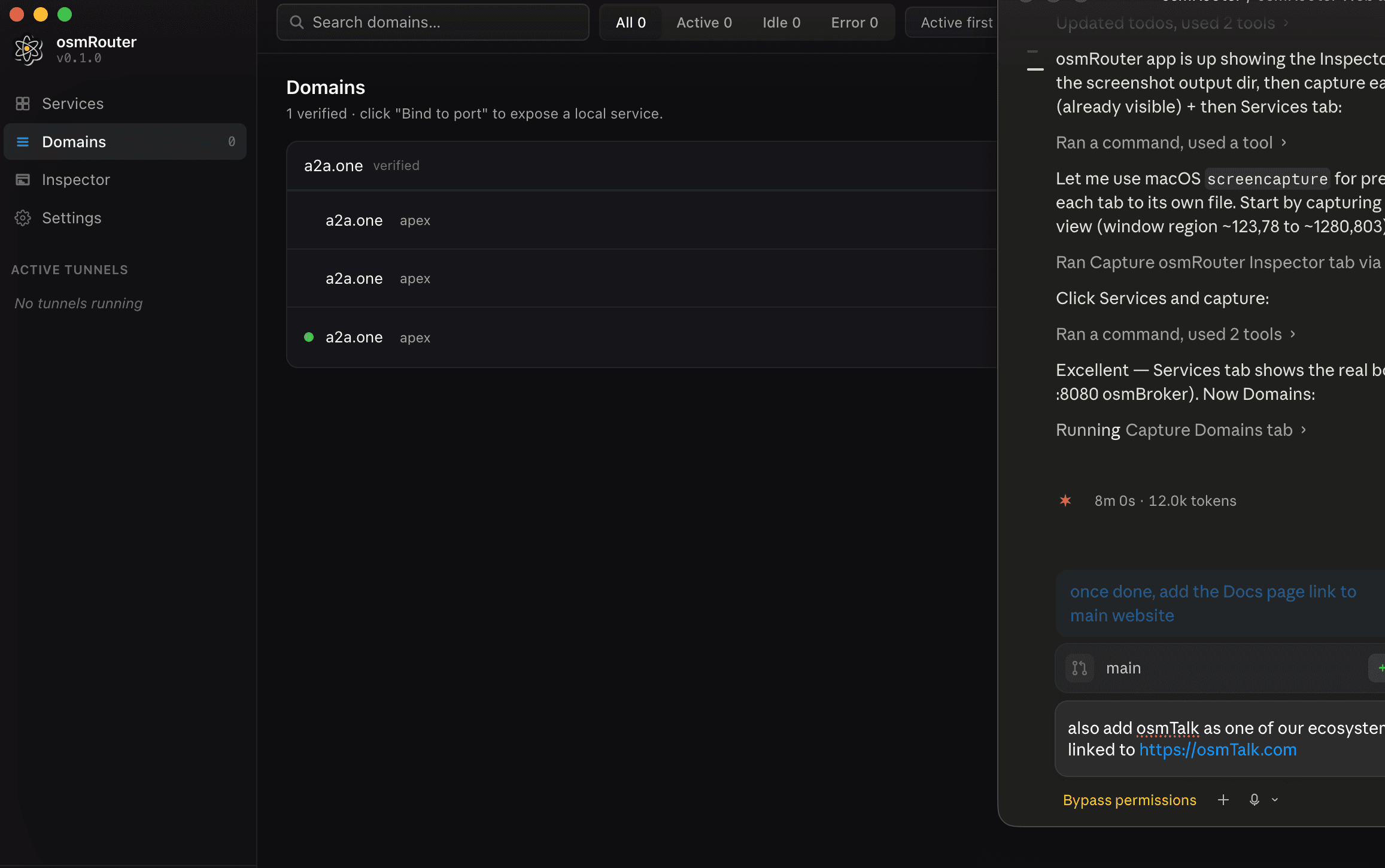 Domains tab with one verified domain and one live binding