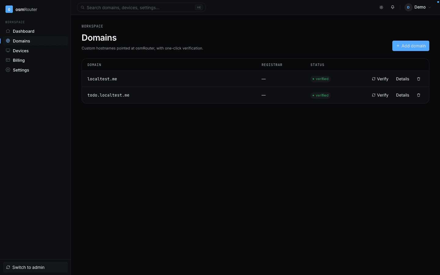 Domains list with one verified domain